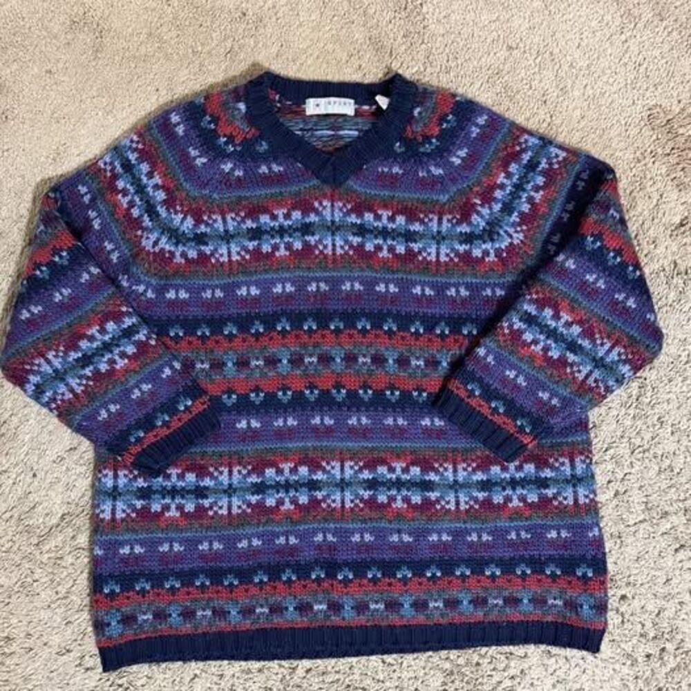 VTG Multicolor Fair Isle V-Neck Sweater Wool Purple, Navy, Red Women's 2X Preppy